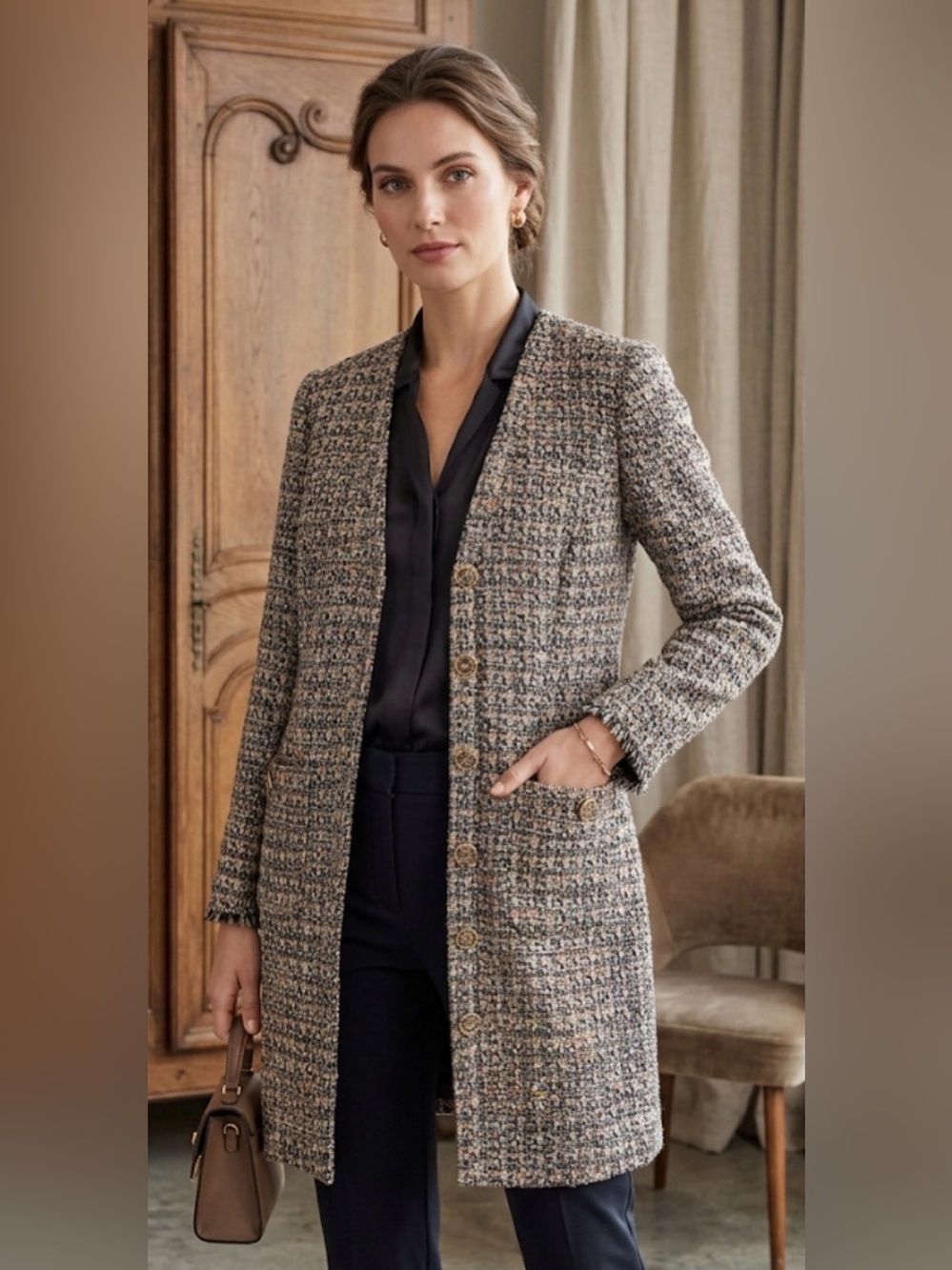 Gianni Bini Tweed Longline Blazer Jacket - Sophisticated Multi-Color Textured